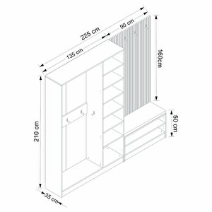 Minar Kale Dekor Panel 3 Kapaklı 1b Raf Portmanto + Ayakkabılık Minderli Beyaz Mebran Çizgili Antrasit