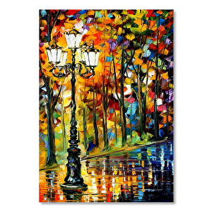 Ahşap Tablo Sokak Lambası Ve Ağaçlar Yağlıboya 50x70 cm