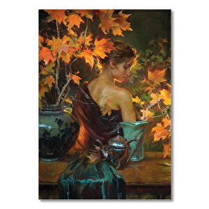 Ahşap Tablo Saksıda Çiçek Kadın 50x70 cm