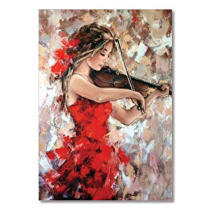 Ahşap Tablo Kırmızı Elbiseli Keman Çalan Kadın 25x35 cm