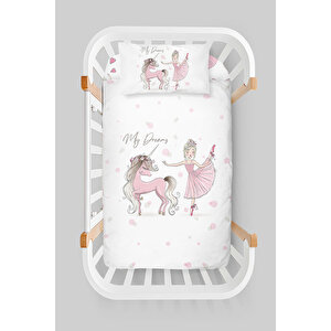 Anne Yanı Beşik Nevresim Takımı (60x100) - For Baby Serisi - Pembe Balerin Ve Unicorn