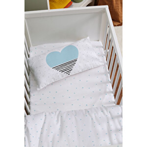 Anne Yanı Beşik Nevresim Takımı (60x100) - Pure Baby Serisi - Mavi Çizgili Kalp