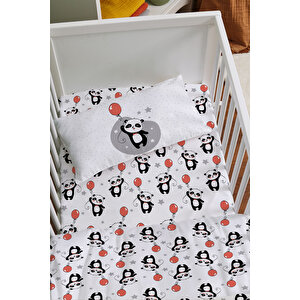 Anne Yanı Beşik Nevresim Takımı (60x100) - For Baby Serisi - Kırmızı Balonlu Panda