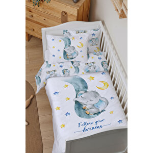 Organik Bebek Nevresim Takımı (100x150) - For Baby Serisi - Hortumda Mavi Fil