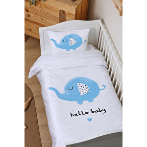 Organik Bebek Nevresim Takımı (100x150) - Pure Baby Serisi - Mavi Uyuyan Fil
