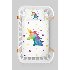 Anne Yanı Beşik Nevresim Takımı (60x100) - For Baby Serisi - Suluboya Unicorn