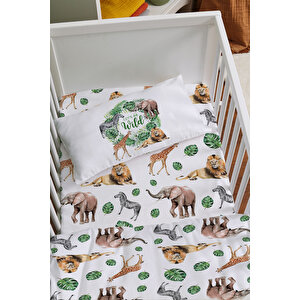 Anne Yanı Beşik Nevresim Takımı (60x100) - For Baby Serisi - Gerçek Safari Yeşil Çember Detaylı