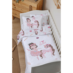 Organik Bebek Nevresim Takımı (100x150) - For Baby Serisi - Pembe Tütülü Balerin Ve Unicorn
