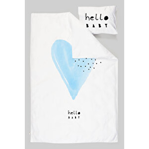 Organik Bebek Nevresim Takımı (100x150) - Pure Baby Serisi - Mavi Romantik Kalp