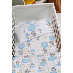 Anne Yanı Beşik Nevresim Takımı (60x100) - For Baby Serisi - Mavi Büyük Balonlu Fil