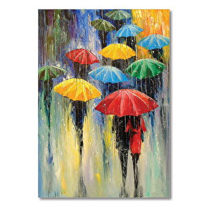 Ahşap Tablo Yağmurda Renkli Şemsiyeli İnsanlar 50x70 cm