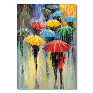 Ahşap Tablo Yağmurda Renkli Şemsiyeli İnsanlar 35x50 cm