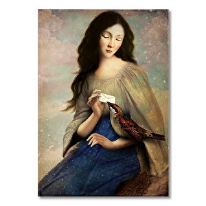Ahşap Tablo Mektupçu Kuş Kadın 50x70 cm
