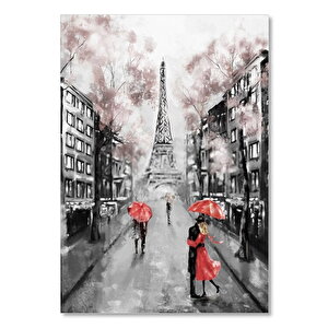 Ahşap Tablo Eyfel Binalar Ve Kırmızı Şemsiyeli Çiftler 25x35 cm