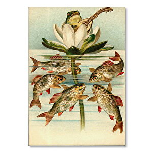 Ahşap Tablo Çiçek Üstünde Kurbağa Balıklar