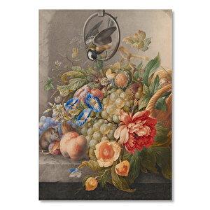 Ahşap Tablo Çiçekler Meyveler Fare Ve Kuş Yağlıboya 35x50 cm