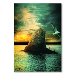 Ahşap Tablo Okyanusta Fantastik Kayalık Ve Günbatımı 50x70 cm