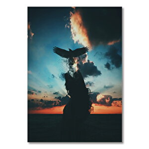 Ahşap Tablo Özgürlük Günbatımında Kadın Ve Kartal 50x70 cm