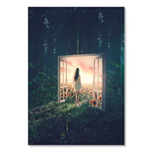 Ahşap Tablo Rüya Kız Pencere Ve Günebakan Çiçekleri 50x70 cm