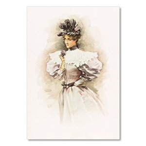 Ahşap Tablo Beyaz Elbiseli Genç Kadın Çizim 50x70 cm