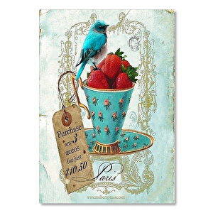 Ahşap Tablo Fincanda Çilekler Ve Kuş Vintage 25x35 cm