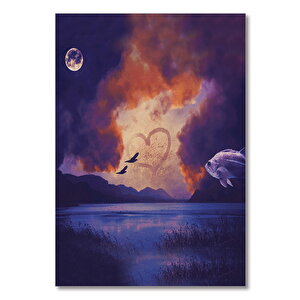 Ahşap Tablo Dağlar, Göl, Dolunay Bulutlar Ve Balık Sürreal 35x50 cm