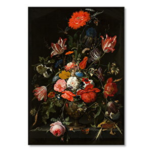 Ahşap Tablo Karanlık Arkaplan Vazoda Renkli Çiçekler 35x50 cm