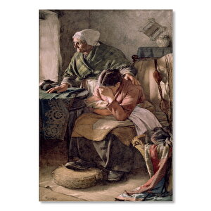 Ahşap Tablo İhtiyar Ve Hasta Kızı Yağlıboya 25x35 cm
