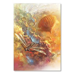 Ahşap Tablo Sıcak Hava Balonu Bulutlar Ve Kanatlı Adam 50x70 cm