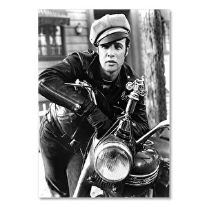 Ahşap Tablo Marlon Brando Kasketli Motorsiklet Sürücüsü 50x70 cm