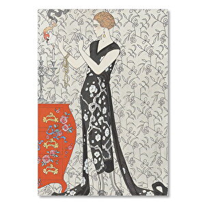Ahşap Tablo Siyah Beyaz Elbiseli Kadın Ve Dekoratif Çiçek Desenleri 35x50 cm