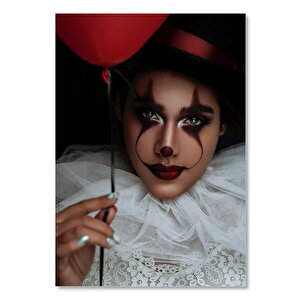 Ahşap Tablo Palyaço Makyajlı Kız Ve Kırmızı Balon 50x70 cm