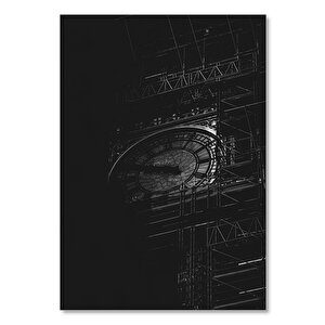 Ahşap Tablo Siyah Beyaz Büyük Saat Kulesi Detayı Karanlık Arkaplan 50x70 cm