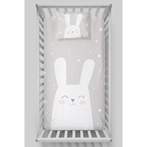 Park Yatak Lastikli Çarşaf Seti (70x110+15) - Pure Baby Serisi - Gri Zeminli Beyaz Tavşan