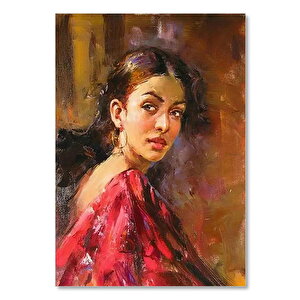 Ahşap Tablo Kırmızı Elbiseli Halka Küpeli Çingene Kızı 35x50 cm