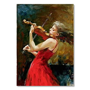 Ahşap Tablo Kırmızı Elbiseli Keman Çalan Kadın 35x50 cm