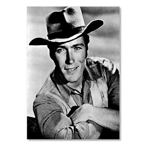 Ahşap Tablo Clint Eastwood Şapkalı Oturan Poz 50x70 cm