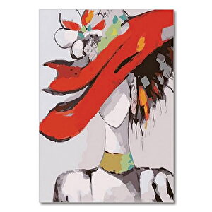 Ahşap Tablo Kırmızı Şapkalı Kadının Sulu Boya Çizgisi Görseli 25x35 cm