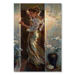 Ahşap Tablo Kapı Eşiğindeki Uzun Elbiseli Kadın 35x50 cm