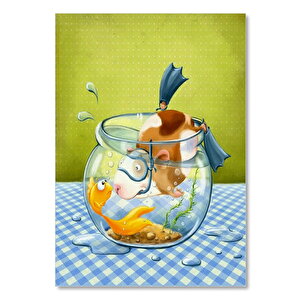 Ahşap Tablo Fanusta Dalgıç Hamster Ve Japon Balığı 50x70 cm