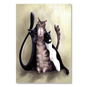 Ahşap Tablo Üç Kedi Gerçeküstü Çizim 50x70 cm