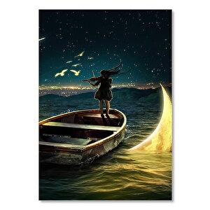 Ahşap Tablo Deniz Sandalda Keman Çalan Kız Ve Sudan Çıkan Ay 35x50 cm