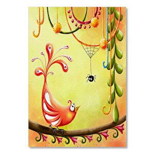 Ahşap Tablo Minyatür Boyama Daldaki Kuş Ve Örümcek 25x35 cm