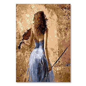 Ahşap Tablo Mavi Elbiseli Kemancı Kadın 25x35 cm