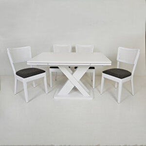 Ihlara Beyaz Açılır Dikdörtgen Mutfak Masası / İznik Beyaz Hasırlı Mutfak Masa Sandalye Takımı