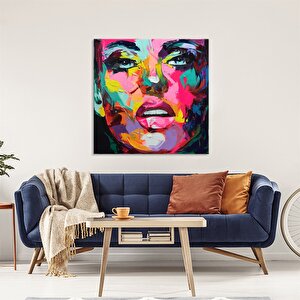 Renkli Kadın Silüeti - Yağlı Boya Dokulu Tablo Çerçeve - Gümüş 120x120 cm
