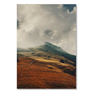 Ahşap Tablo Kızıl Otlar Ve Bulutlu Tepeler 50x70 cm