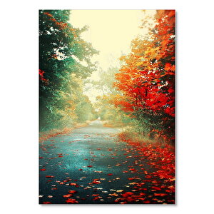 Ahşap Tablo Ağaçlı Yol Ve Sonbahar Yaprakları 25x35 cm