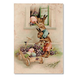 Ahşap Tablo Paskalya Kartı Tavşanlar Çiçekler Görseli 25x35 cm