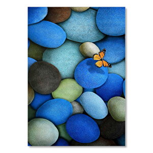 Ahşap Tablo Renkli Çakıl Taşları Ve Kelebek Görseli 35x50 cm